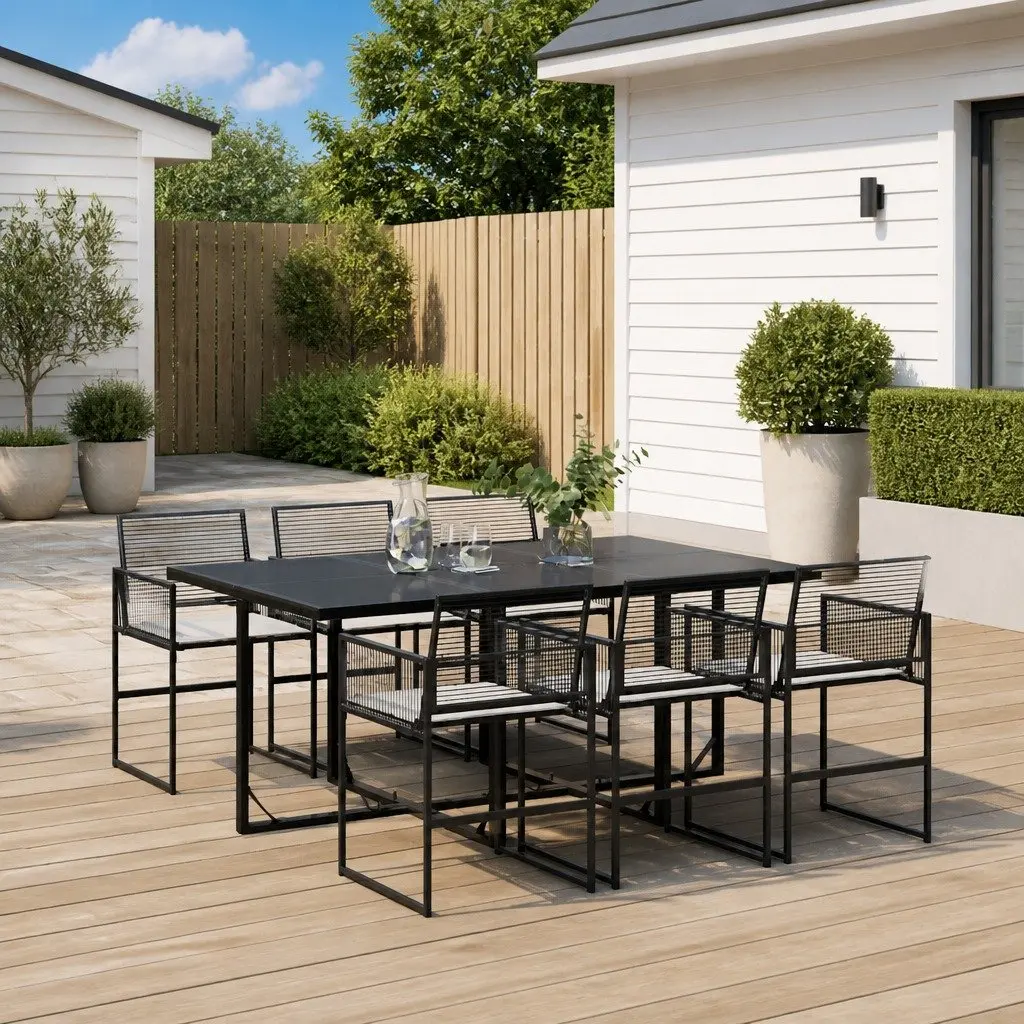 Outdoor Furniture Set 7 Piece Black Poly Rattan Dining with Cushions and Tempered Glass Tabletop