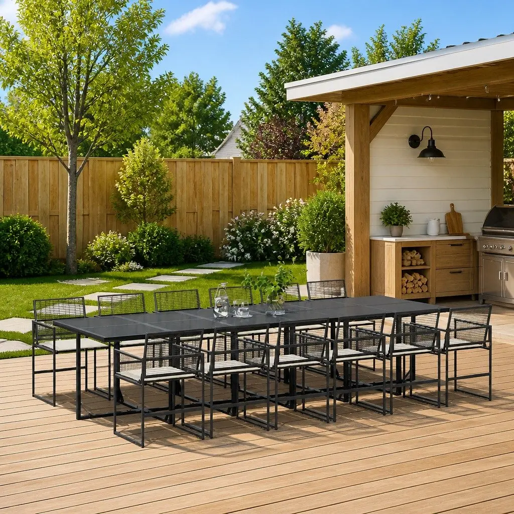 Outdoor Dining Set Black Poly Rattan 13 Piece with Glass Table