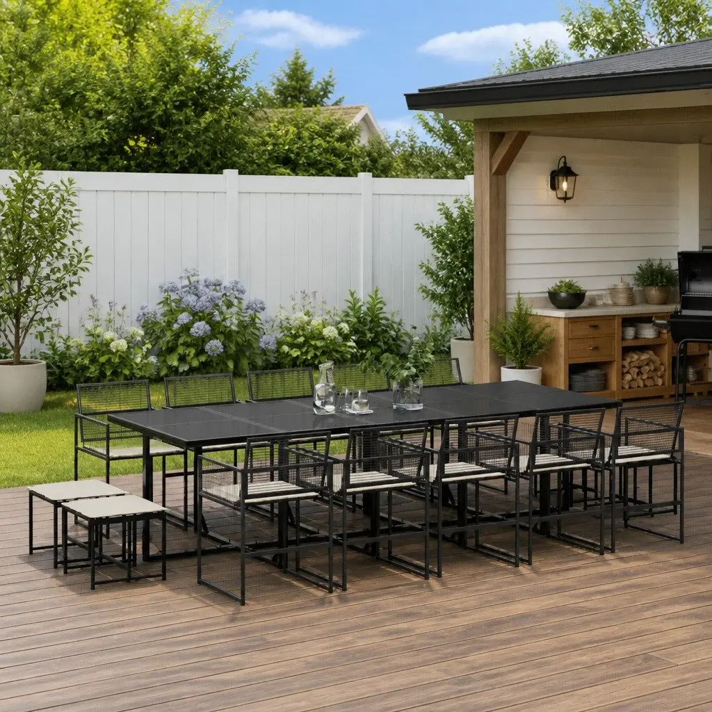 Outdoor Garden Dining Set Black Poly Rattan 15 Piece
