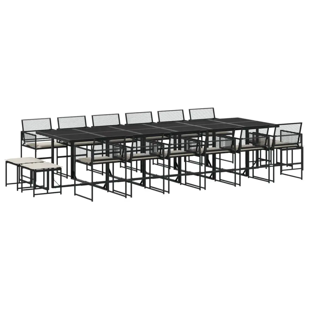 Garden Dining Set Black Poly Rattan 17 Piece Outdoor Furniture with Tempered Glass Top and Padded Cushions