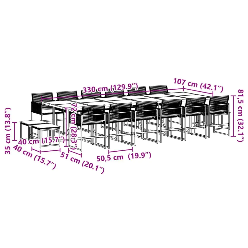 Garden Dining Set Black Poly Rattan 17 Piece Outdoor Furniture with Tempered Glass Top and Padded Cushions