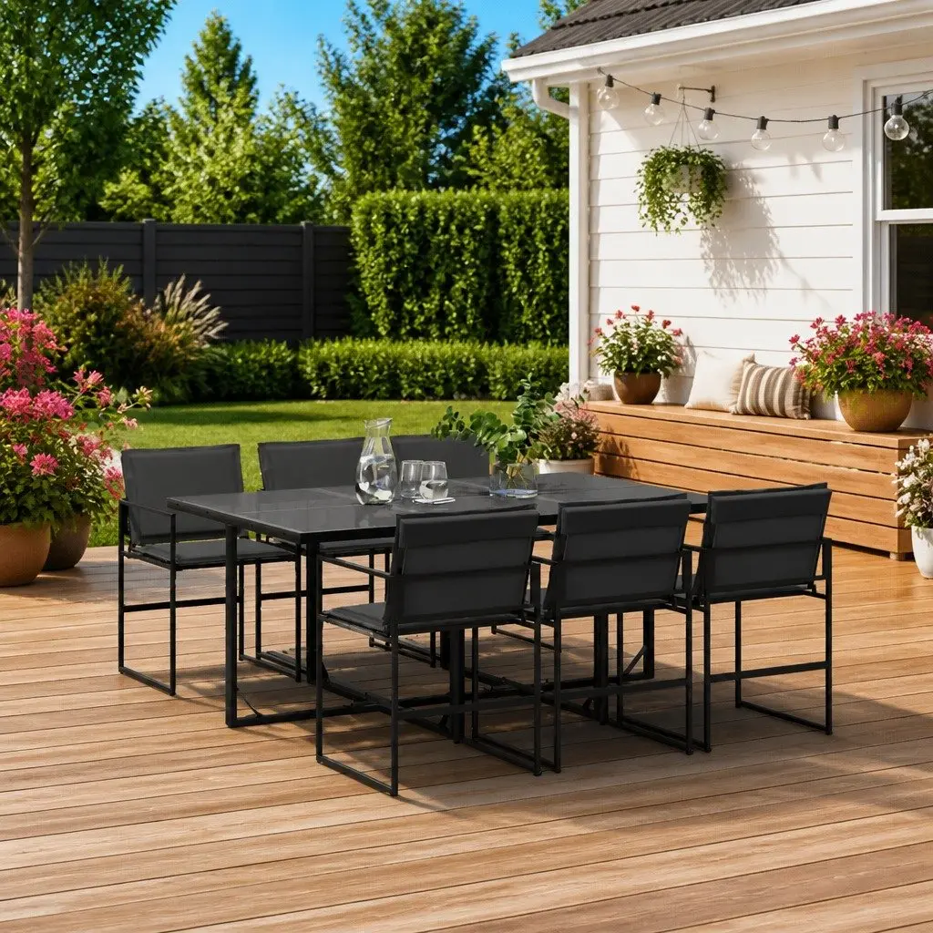 7 Piece Outdoor Dining Set Black Textilene Chairs Tempered Glass Table