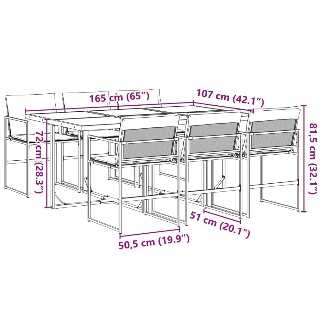 7 Piece Outdoor Dining Set Black Textilene Chairs Tempered Glass Table