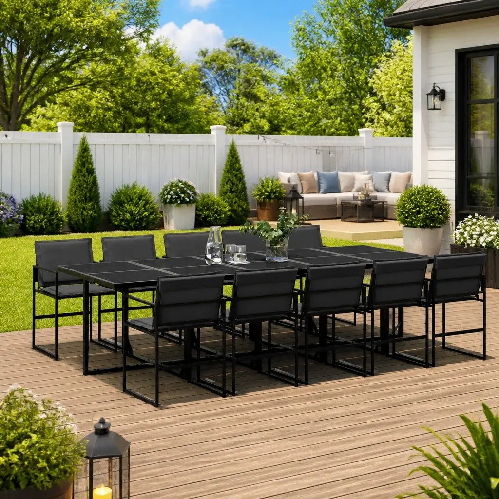 Garden Dining Set 11 Piece Outdoor Furniture Black Textilene Chairs Table