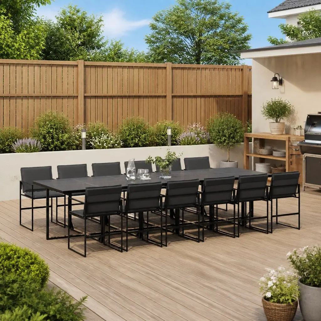 Outdoor Dining Set 13 Piece Patio Furniture Textilene Chairs Tempered Glass Table Black