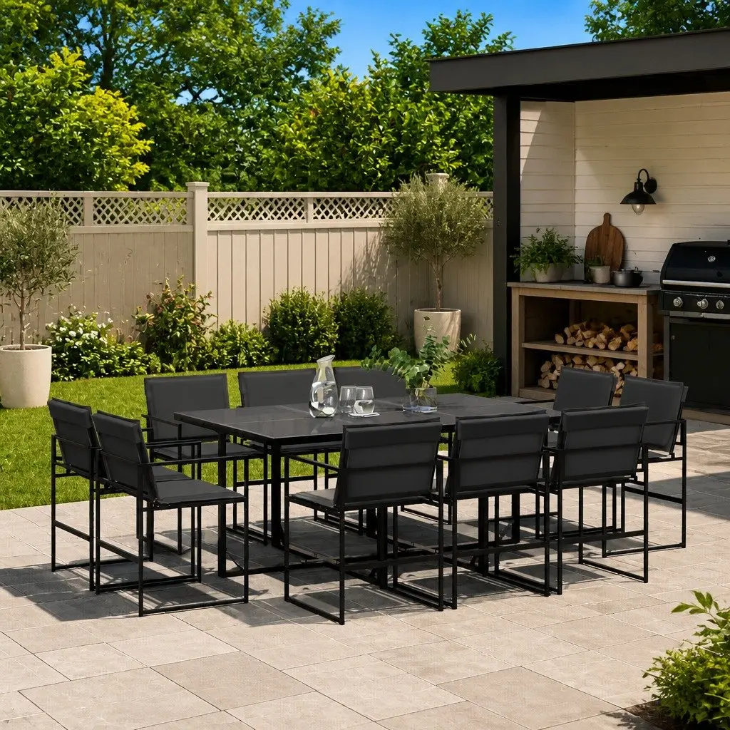 Garden Dining Set 11 Piece Outdoor Patio Furniture Black Textilene Chairs Table