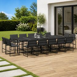 Garden Dining Set 15 Piece Outdoor Furniture Textilene Chairs Glass Table Black