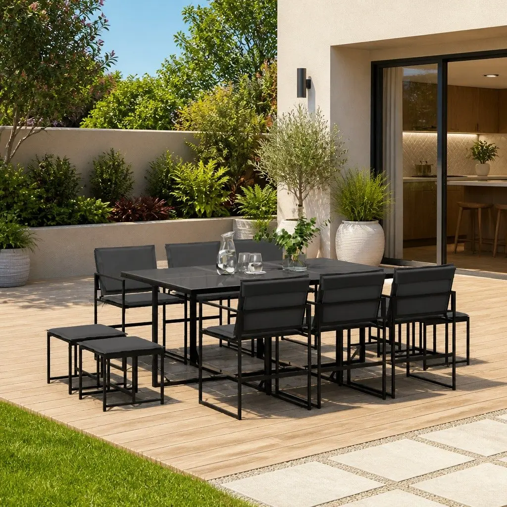 Garden Dining Set 11 Piece Outdoor Furniture Black Textilene Chairs Tempered Glass Table