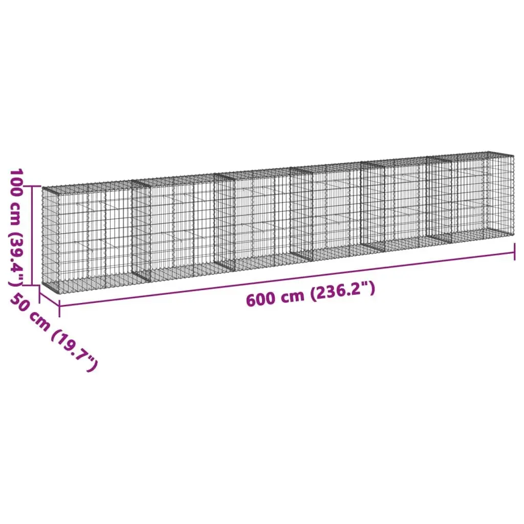 Gabion Basket with Cover Galvanised Iron Wire 600x50x100 cm Silver for Garden Retaining Wall