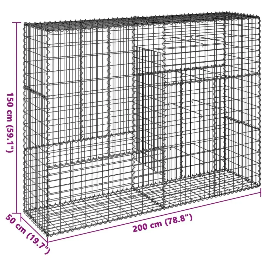 Gabion Basket Silver Metal Wire Cage with Cover 200x50x150 cm