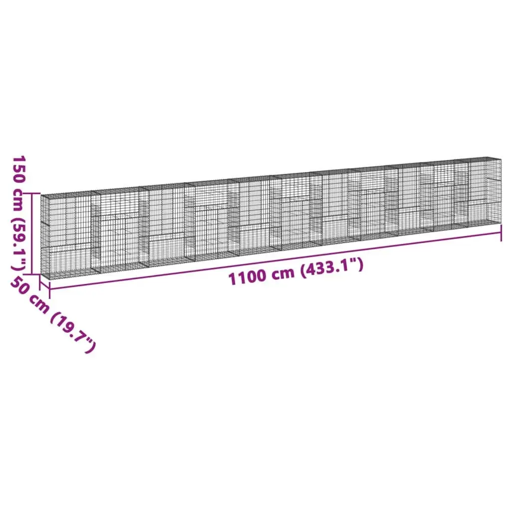 Gabion Basket with Cover Galvanised Iron Wire 1100x50x150 cm Silver