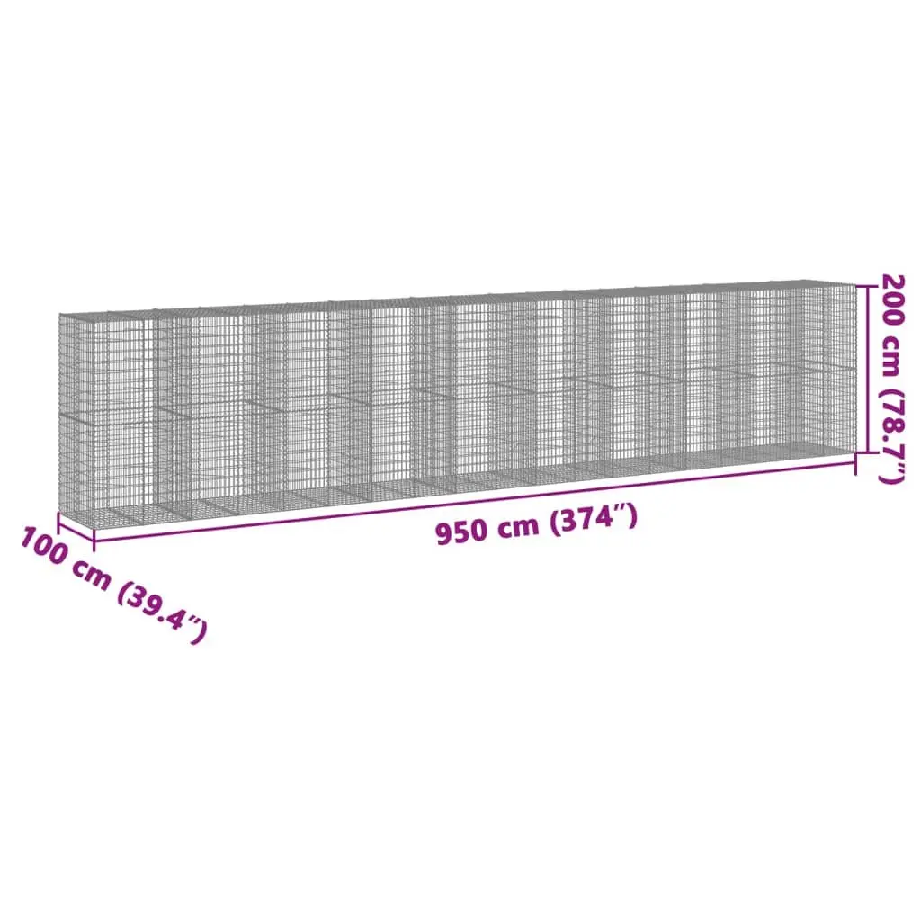 Gabion Basket with Cover Galvanised Iron Wire 950x100x200 cm Silver Garden Planter Cage