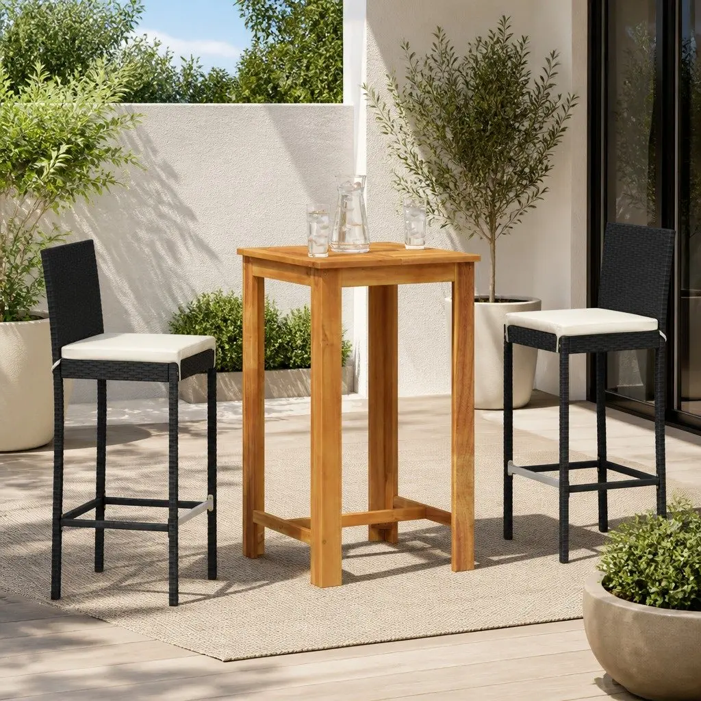 3 Piece Garden Bar Set Outdoor Poly Rattan Acacia Wood Table Stools Black