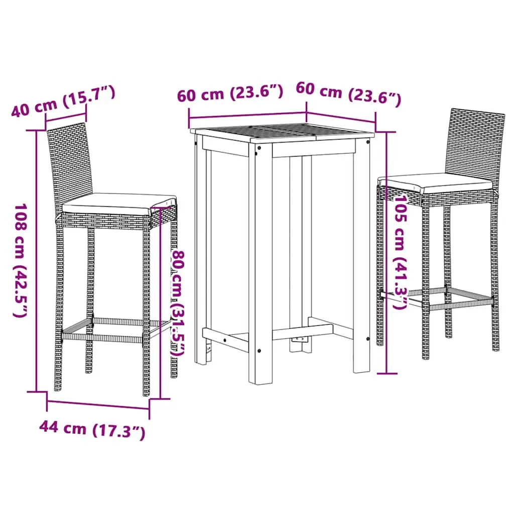 3 Piece Garden Bar Set Outdoor Poly Rattan Acacia Wood Table Stools Black