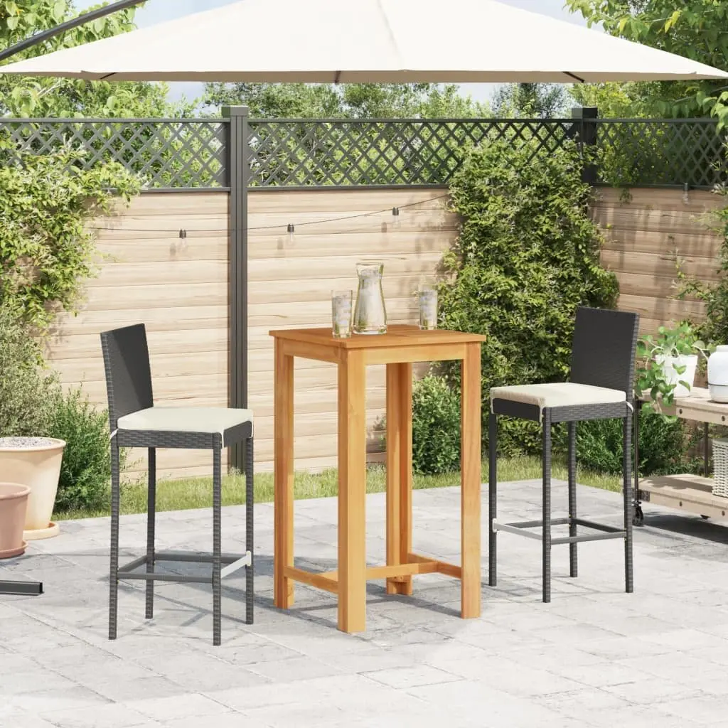 3 Piece Garden Bar Set Outdoor Poly Rattan Acacia Wood Table Stools Black