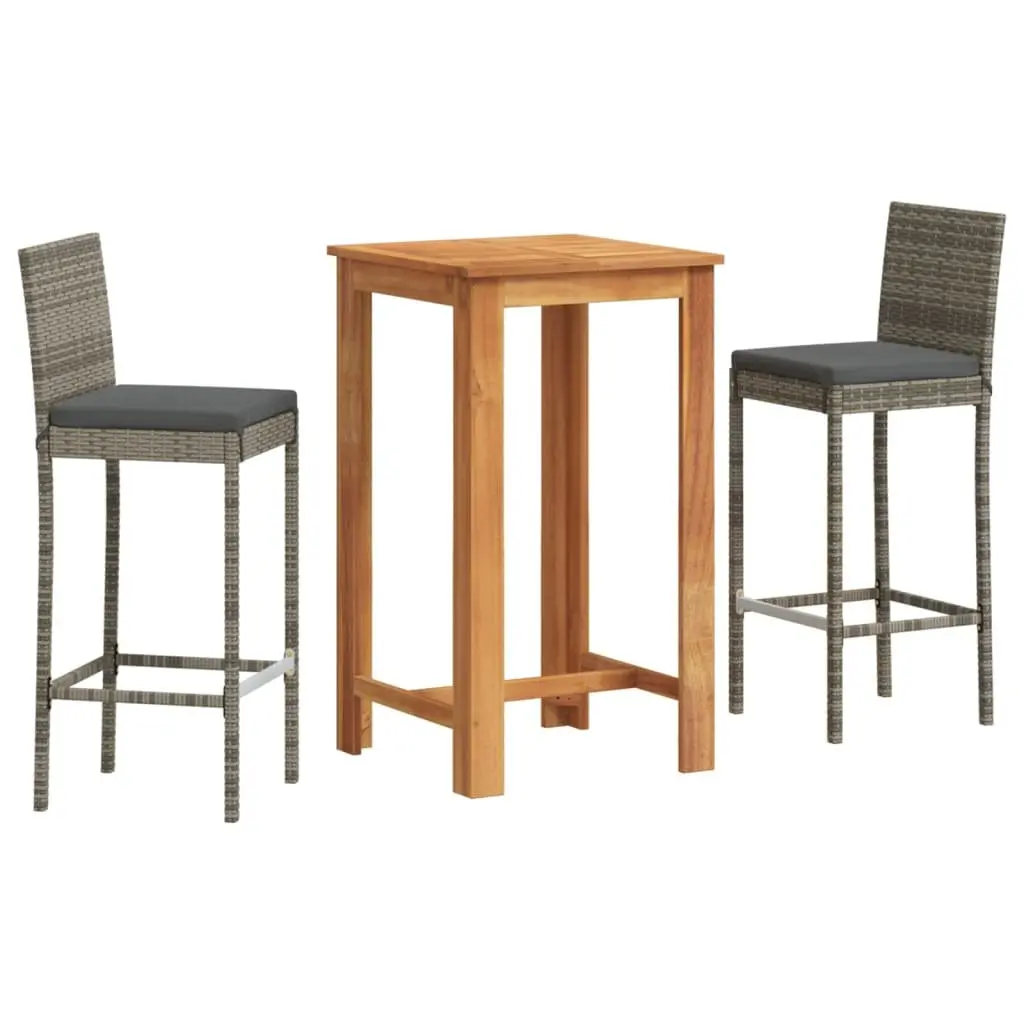 3 Piece Garden Bar Set Grey Acacia Wood Poly Rattan Outdoor Table and Stools