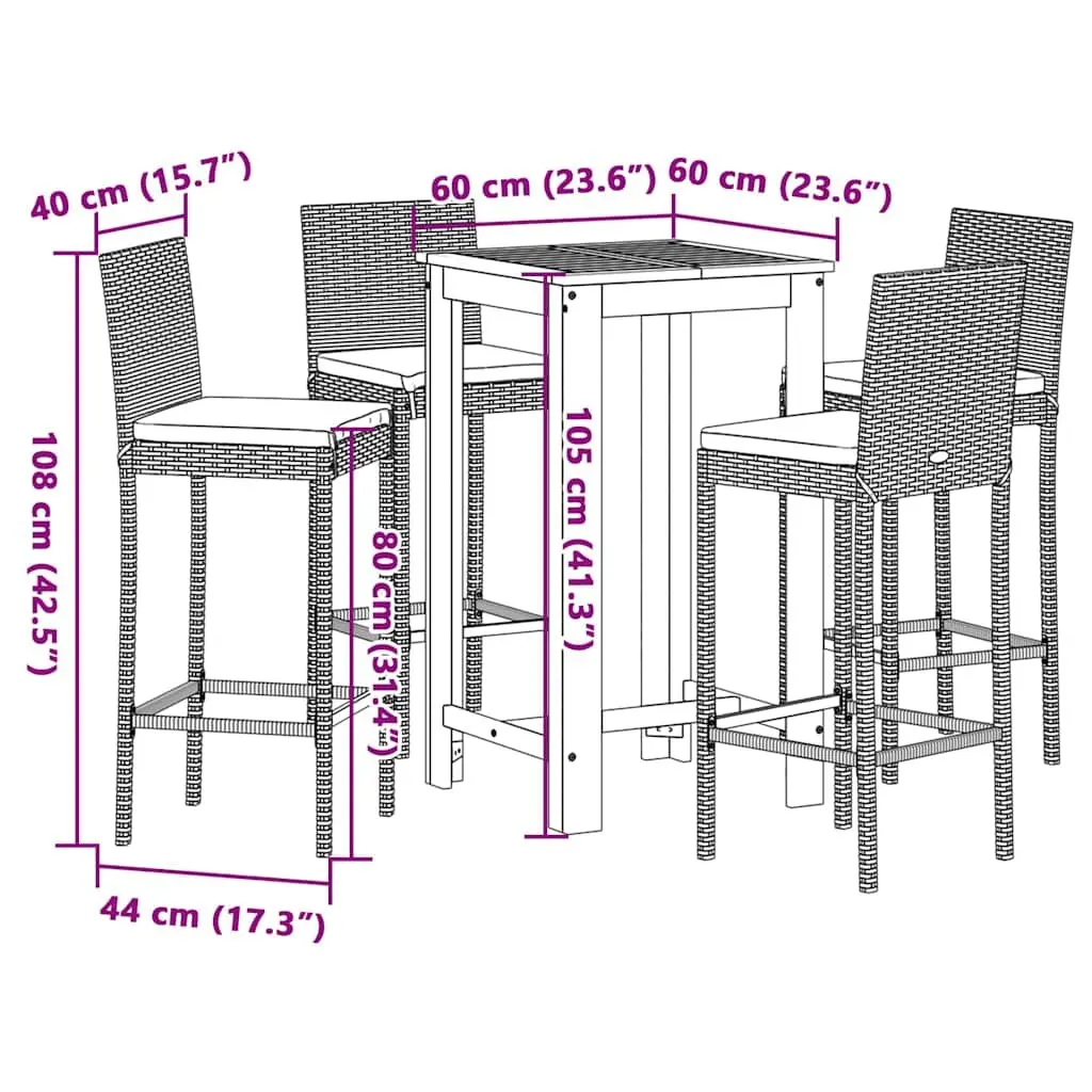 Garden Bar Set Outdoor Dining Table with Black Acacia Wood and Poly Rattan Stools 5 Piece