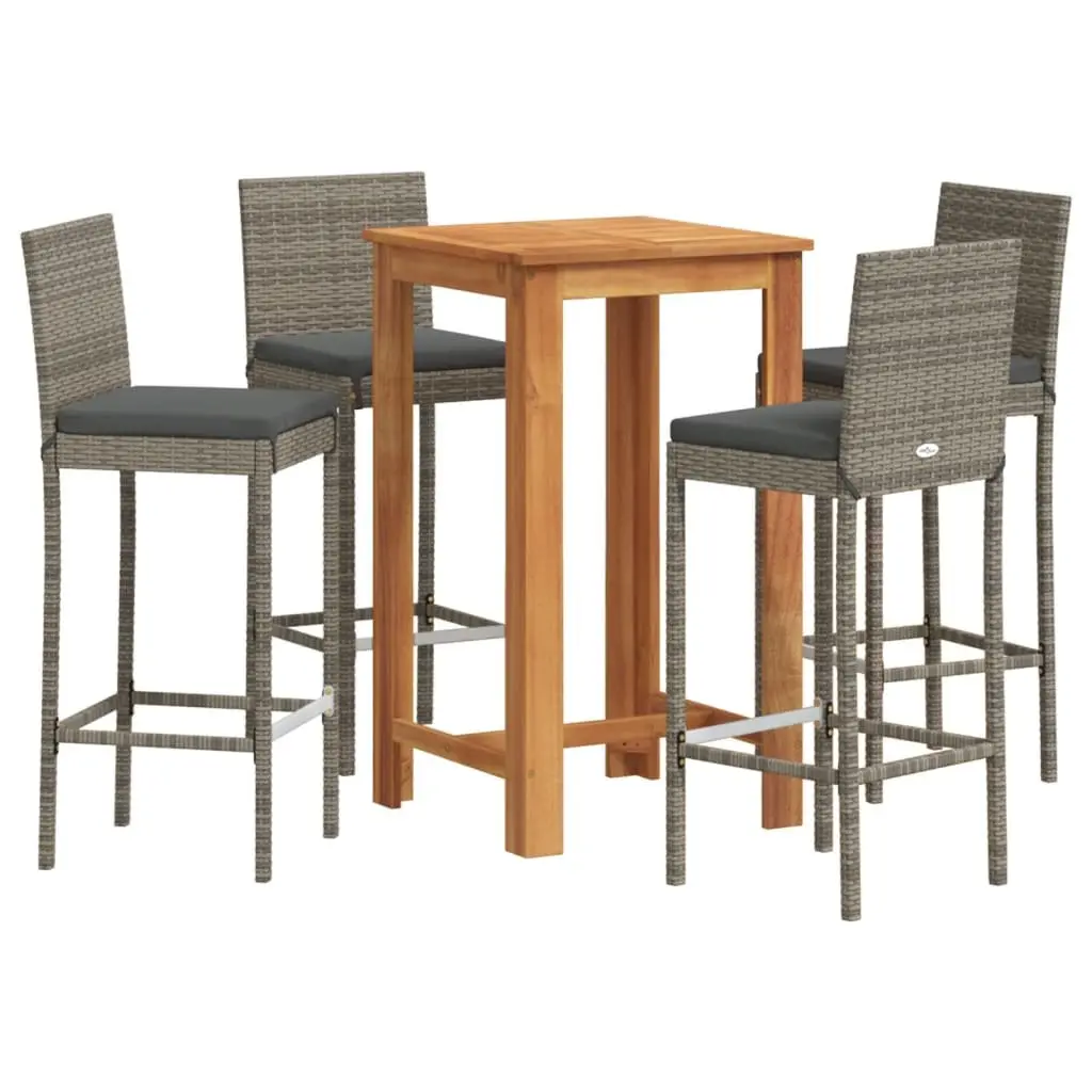 Garden Bar Set Grey 5 Piece Acacia Wood Rattan Stools Table