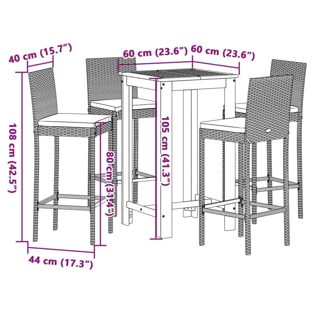 Garden Bar Set Grey 5 Piece Acacia Wood Rattan Stools Table