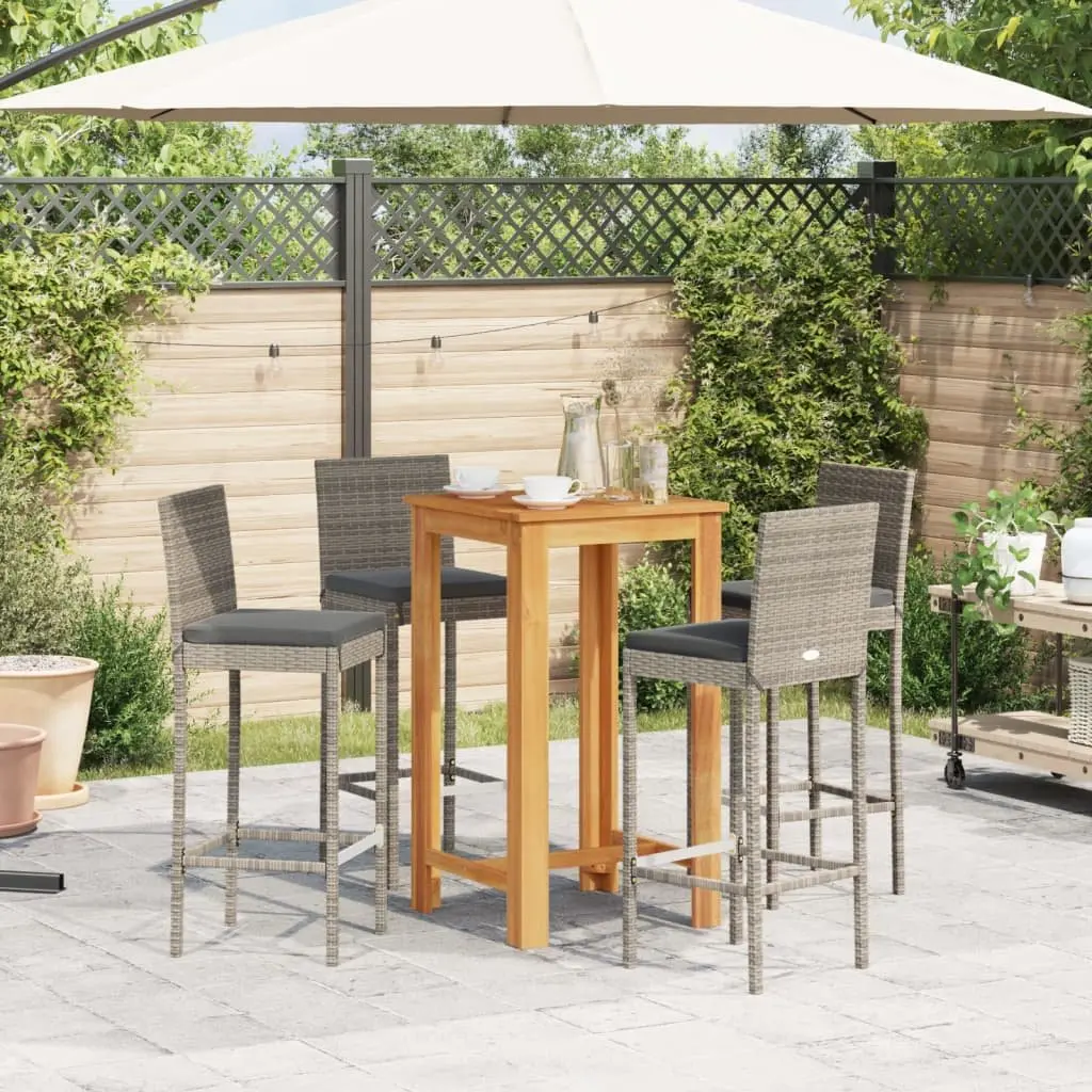 Garden Bar Set Grey 5 Piece Acacia Wood Rattan Stools Table