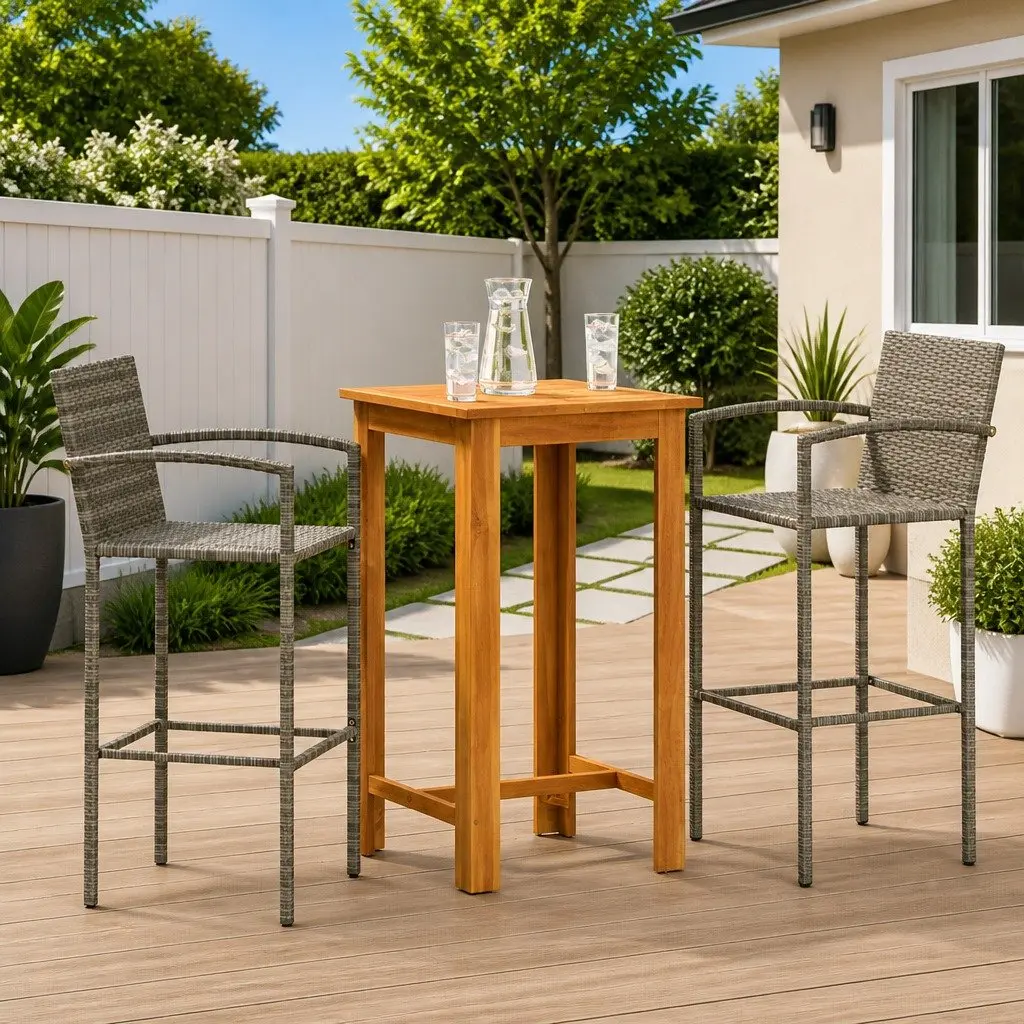 Garden Bar Set 3 Piece Outdoor Bar Table and Stools Acacia Wood Poly Rattan