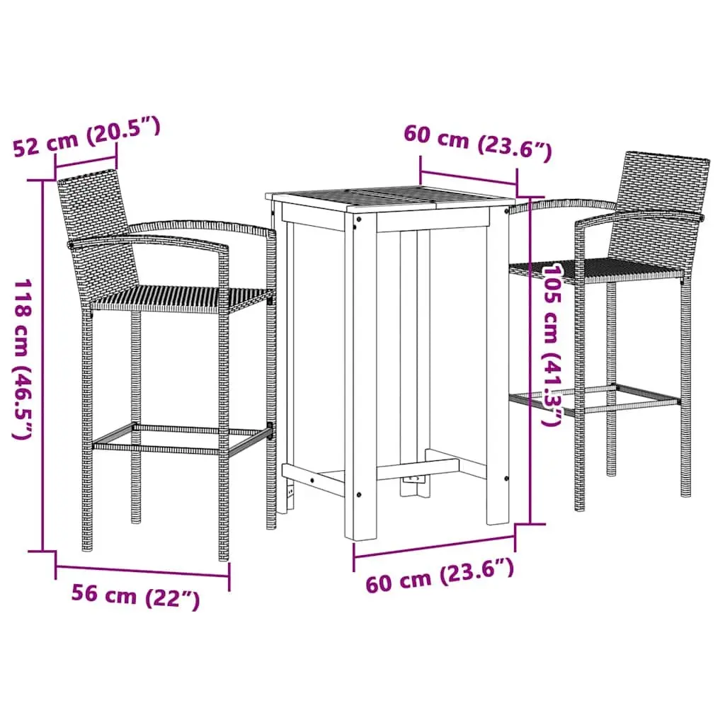 Garden Bar Set 3 Piece Outdoor Bar Table and Stools Acacia Wood Poly Rattan