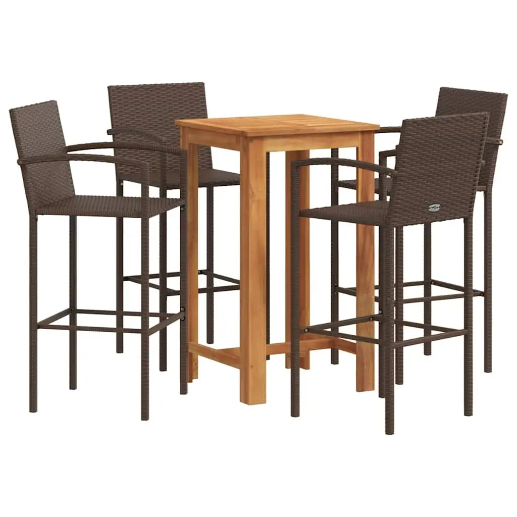 Garden Bar Set 5 Piece Outdoor Bar Table Stools Acacia Wood Poly Rattan Brown