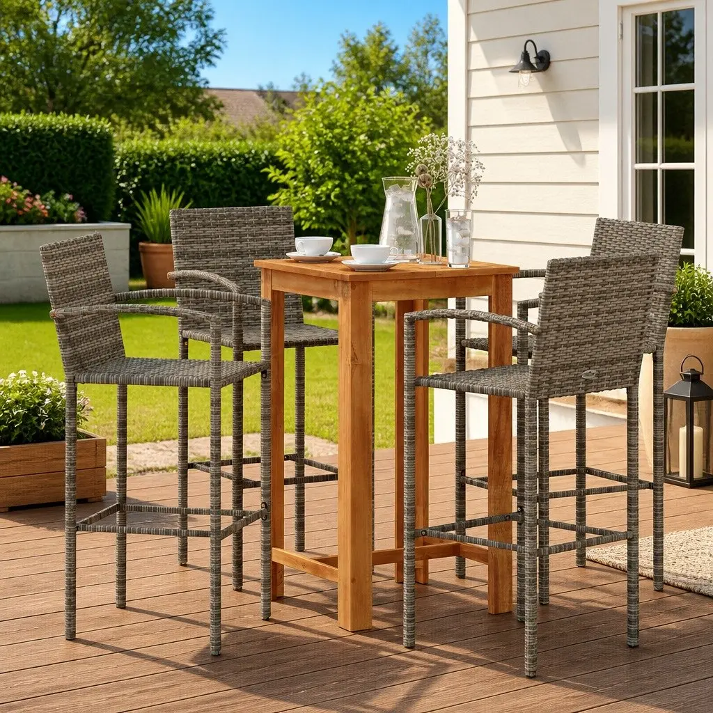 Garden Bar Set Grey 5 Piece Outdoor Bar Table and Stools Acacia Rattan Patio