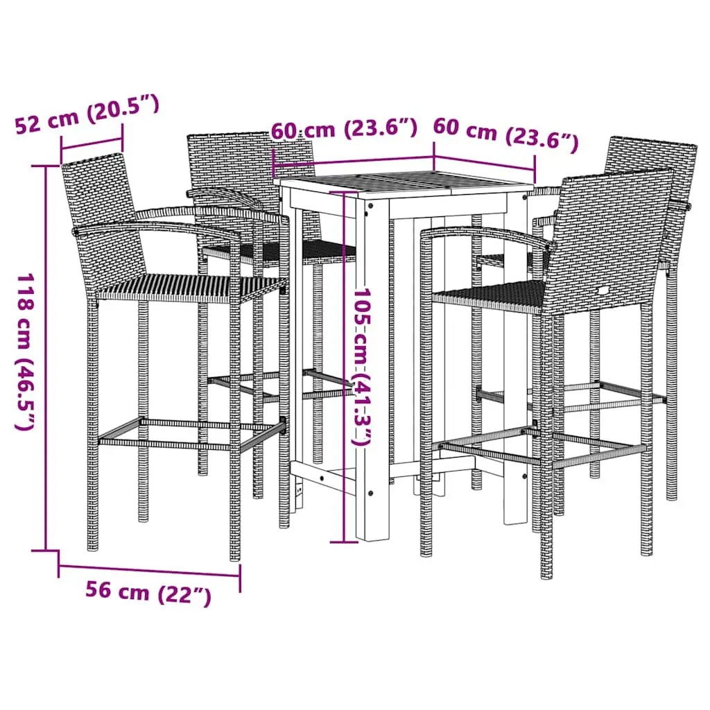 Garden Bar Set Grey 5 Piece Outdoor Bar Table and Stools Acacia Rattan Patio