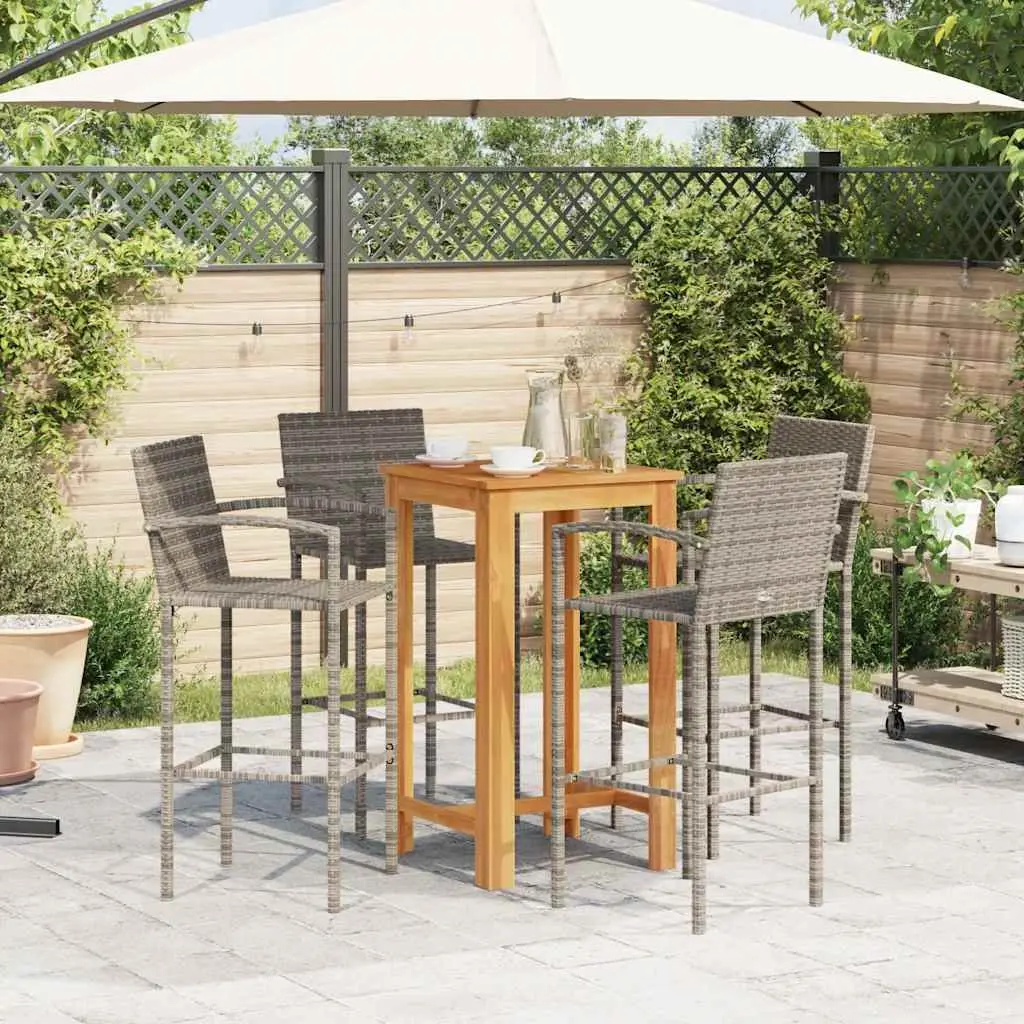 Garden Bar Set Grey 5 Piece Outdoor Bar Table and Stools Acacia Rattan Patio