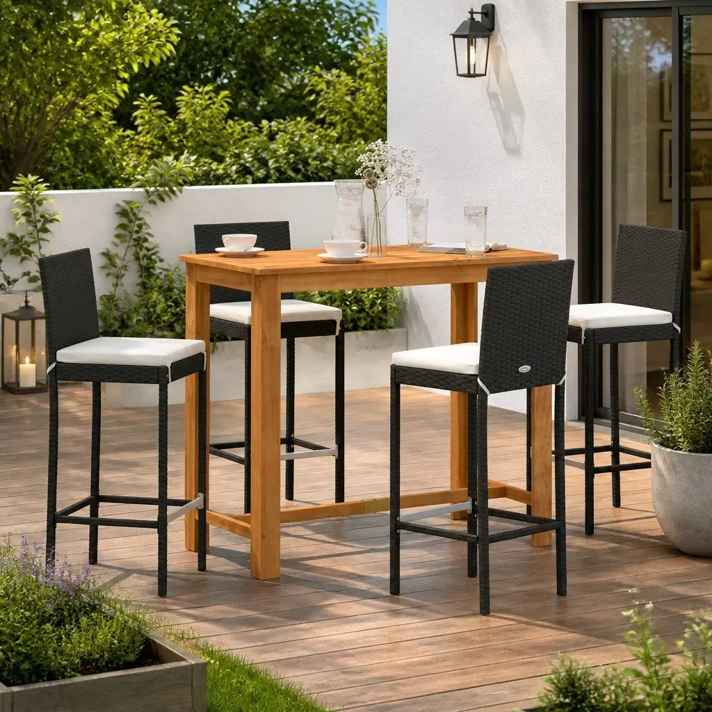 5 Piece Garden Bar Set Outdoor Bar Table and Stools Acacia Wood Poly Rattan