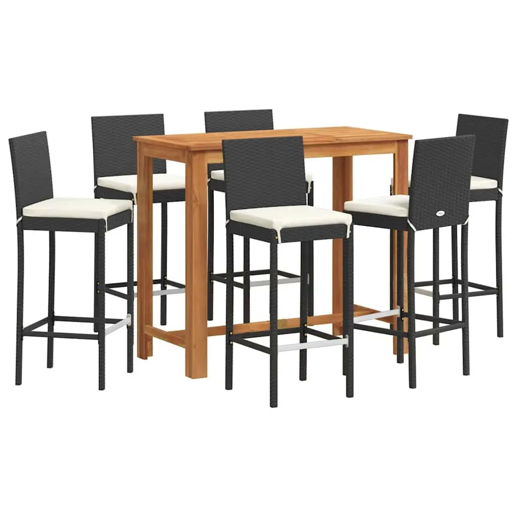 Garden Bar Set 7 Piece Outdoor Bar Table Stools Acacia Wood Poly Rattan Black