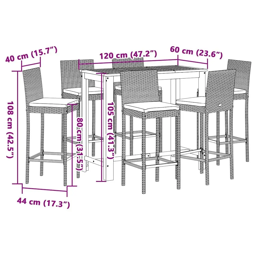 Garden Bar Set 7 Piece Outdoor Bar Table Stools Acacia Wood Poly Rattan Black