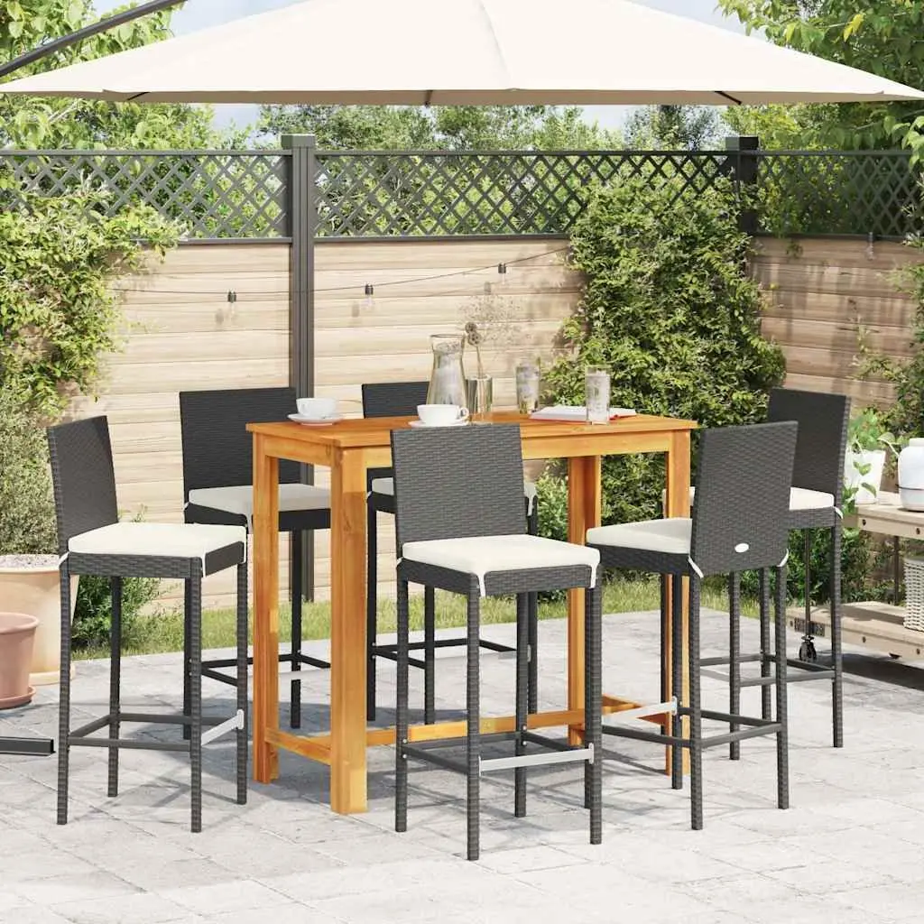 Garden Bar Set 7 Piece Outdoor Bar Table Stools Acacia Wood Poly Rattan Black