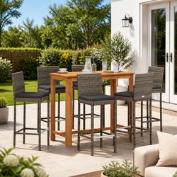 Garden Bar Set 7 Piece Outdoor Furniture Grey PE Rattan Acacia Wood Dining