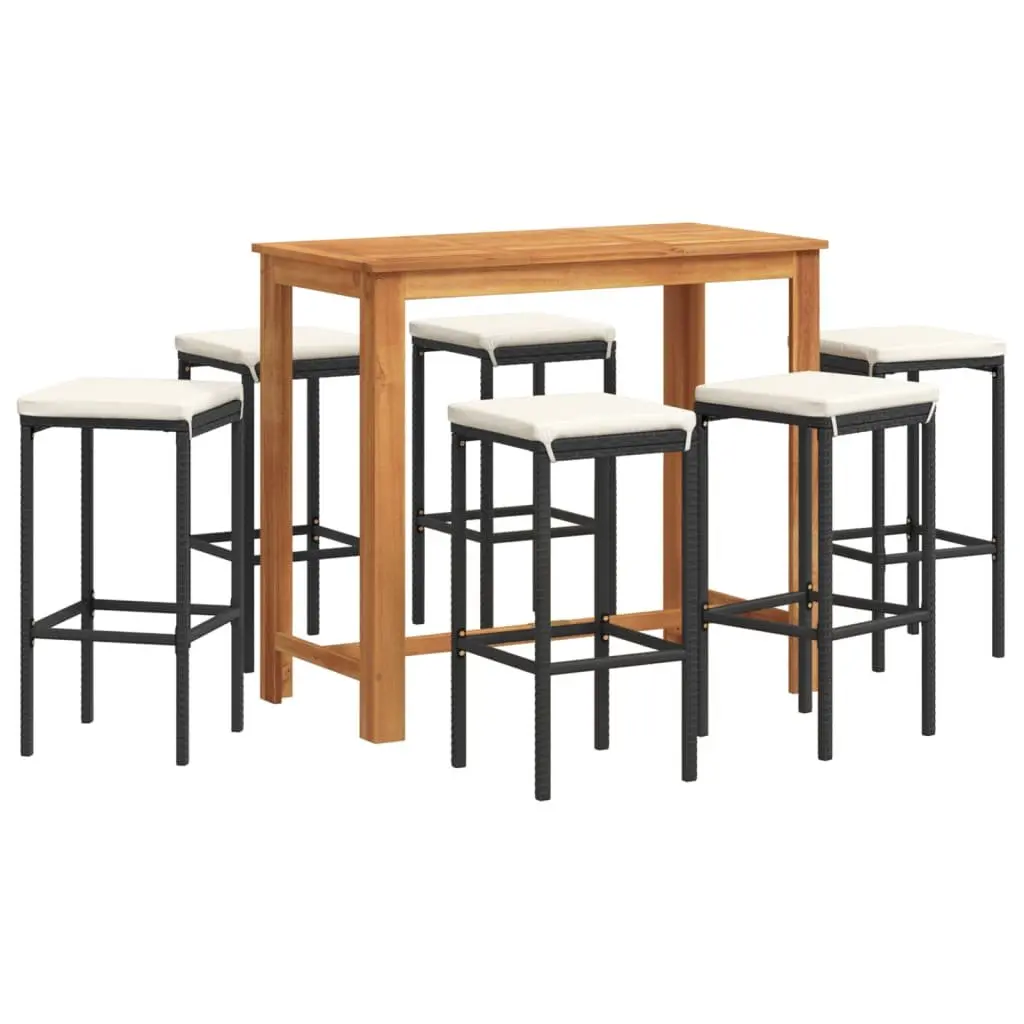 Garden Bar Set 7 Piece Outdoor Poly Rattan Bar Table Acacia Wood Top
