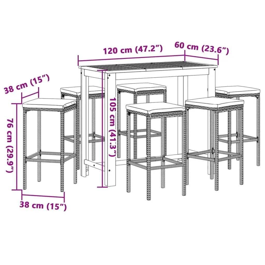 Garden Bar Set 7 Piece Outdoor Poly Rattan Bar Table Acacia Wood Top