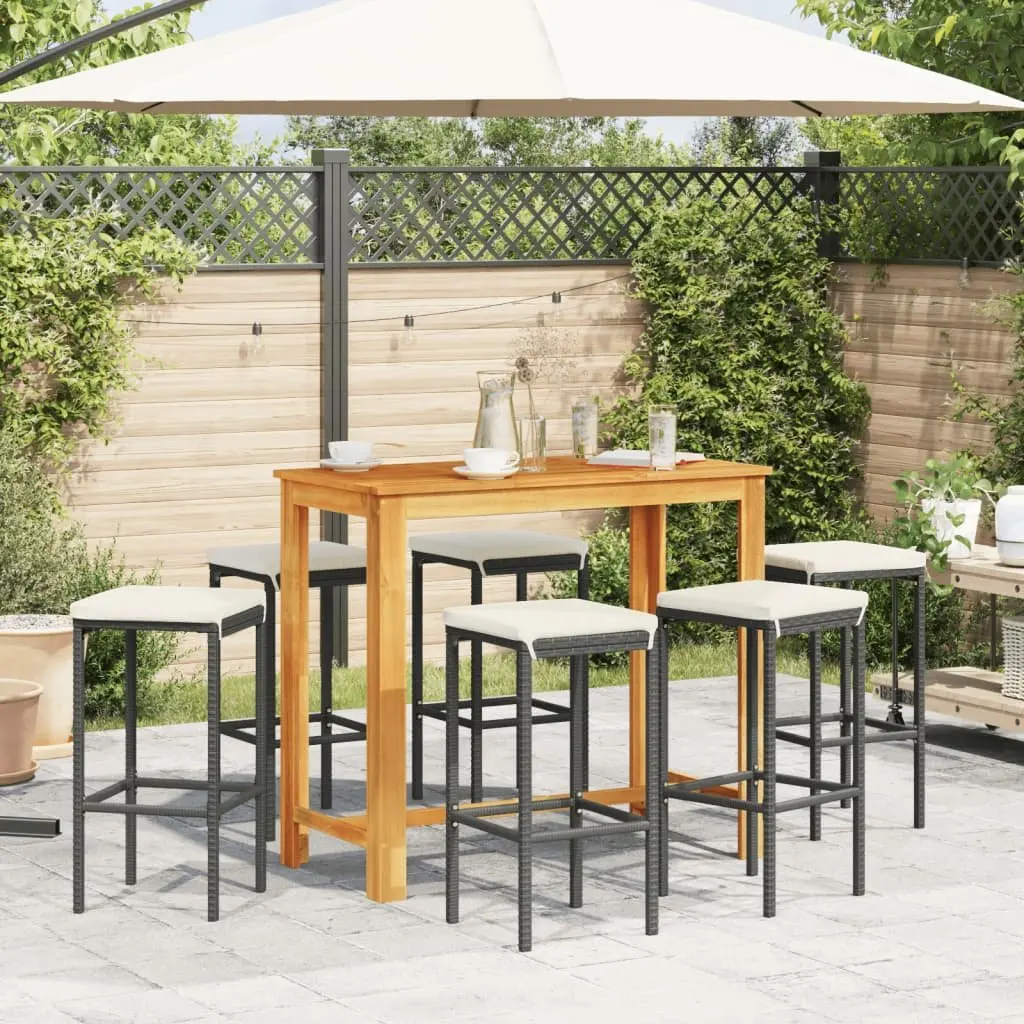 Garden Bar Set 7 Piece Outdoor Poly Rattan Bar Table Acacia Wood Top