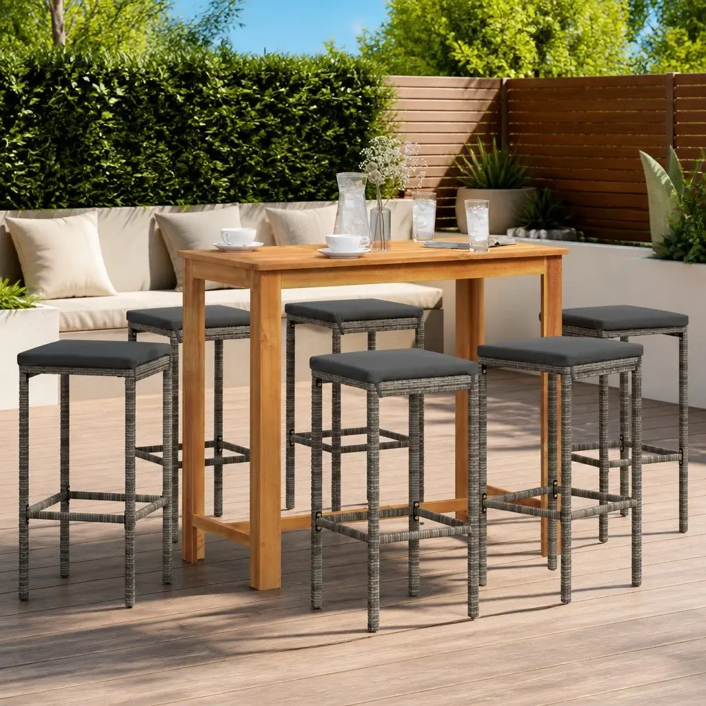 Garden Bar Set 7 Piece Grey Acacia Wood and Poly Rattan Outdoor Dining Furniture