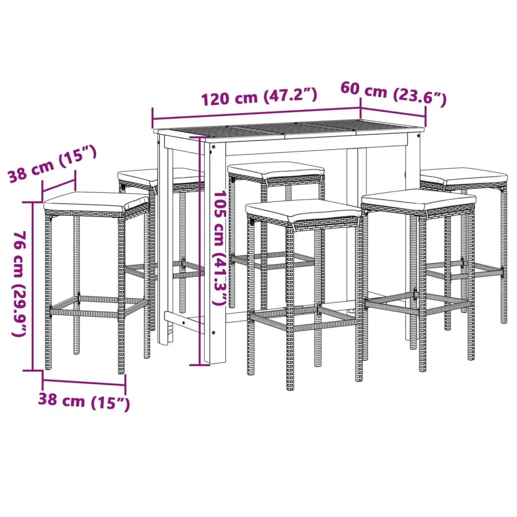 Garden Bar Set 7 Piece Grey Acacia Wood and Poly Rattan Outdoor Dining Furniture