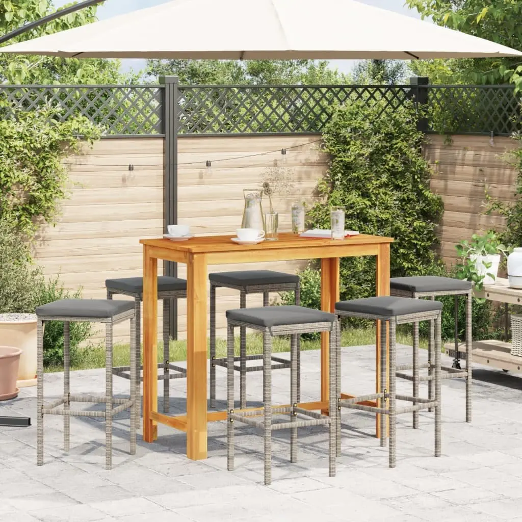 Garden Bar Set 7 Piece Grey Acacia Wood and Poly Rattan Outdoor Dining Furniture