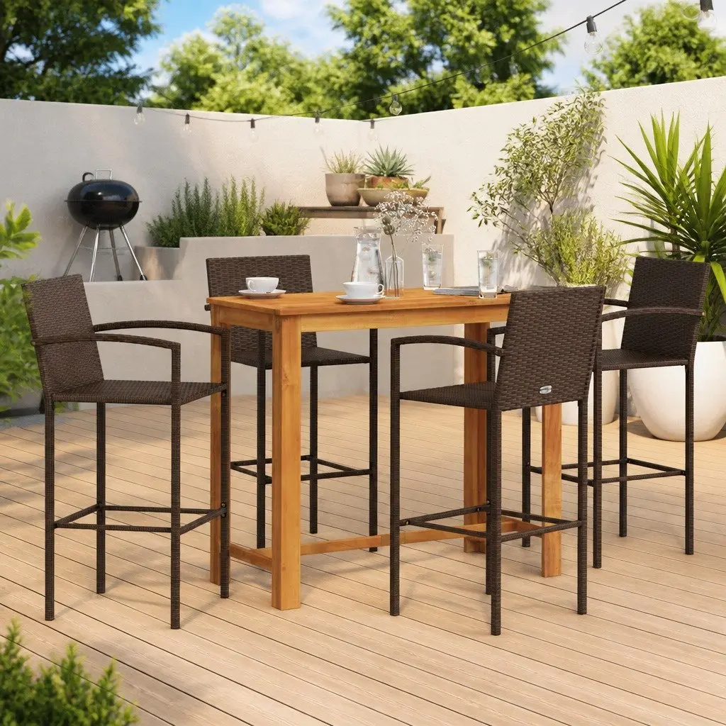 Garden Bar Set 5 Piece Outdoor Bar Table and Stools Acacia Wood Poly Rattan