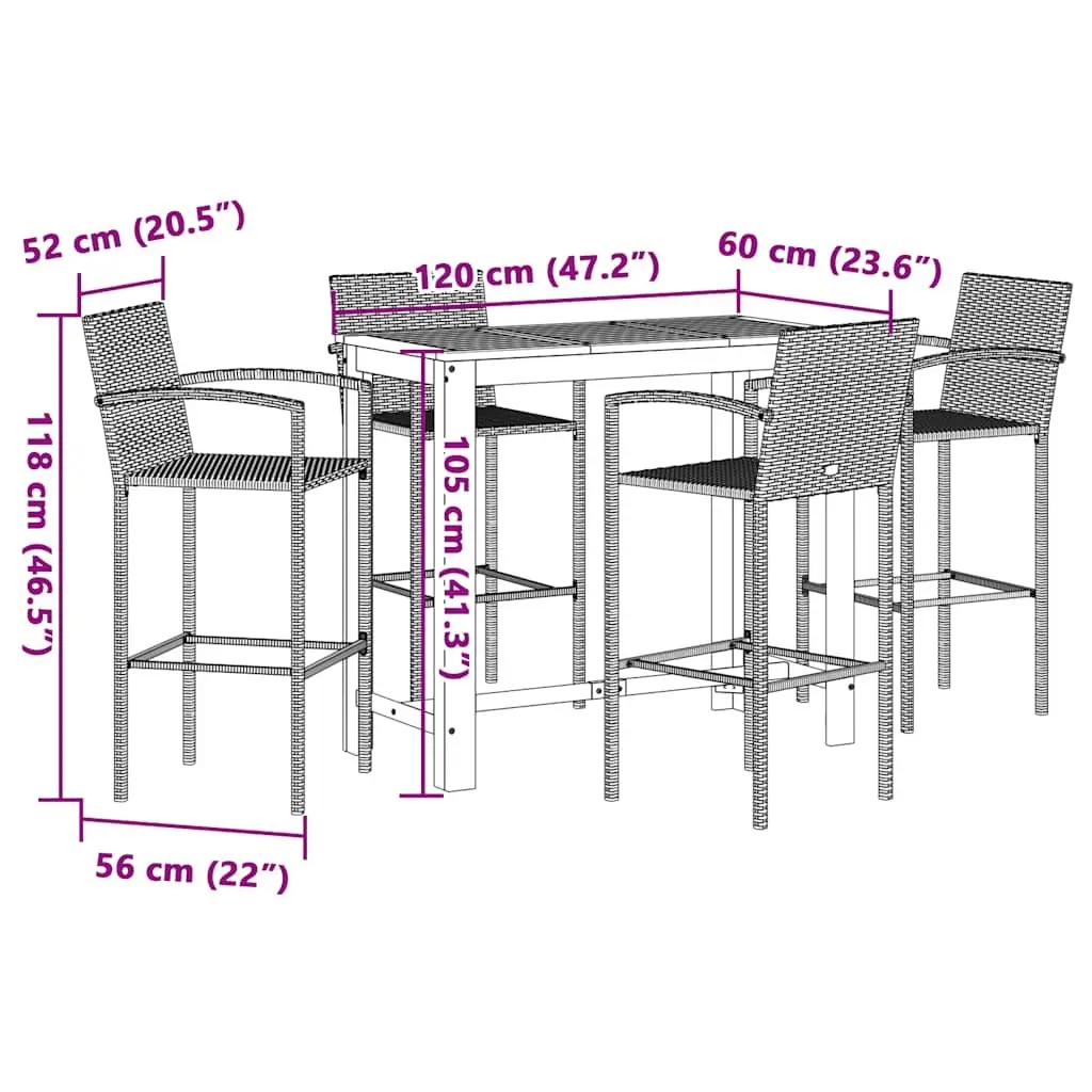 Garden Bar Set 5 Piece Outdoor Bar Table and Stools Acacia Wood Poly Rattan