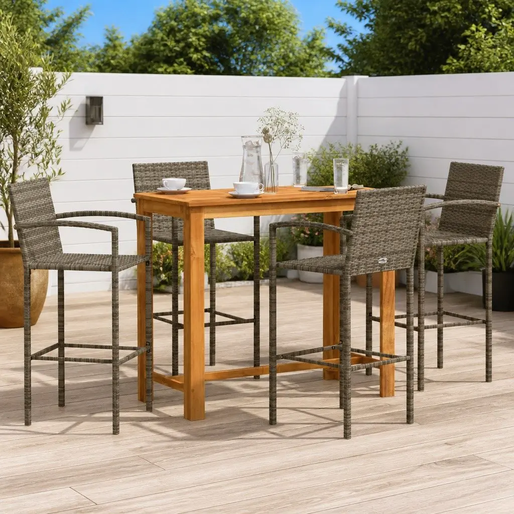 Garden Bar Set Grey 5 Piece Outdoor Bar Table and Stools Acacia Poly Rattan