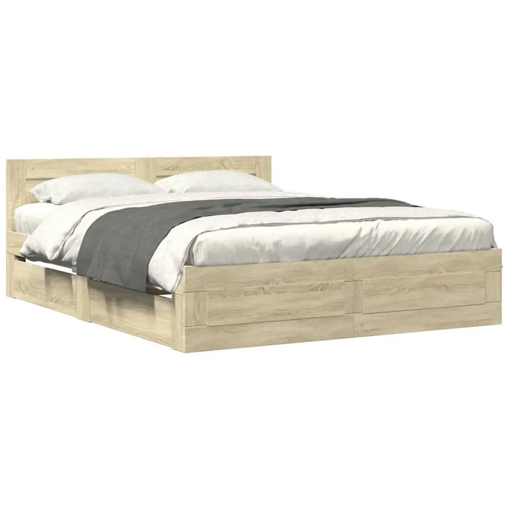 Bed Frame with Headboard Sonoma Oak 150x200 cm Slatted Base with Storage Drawers