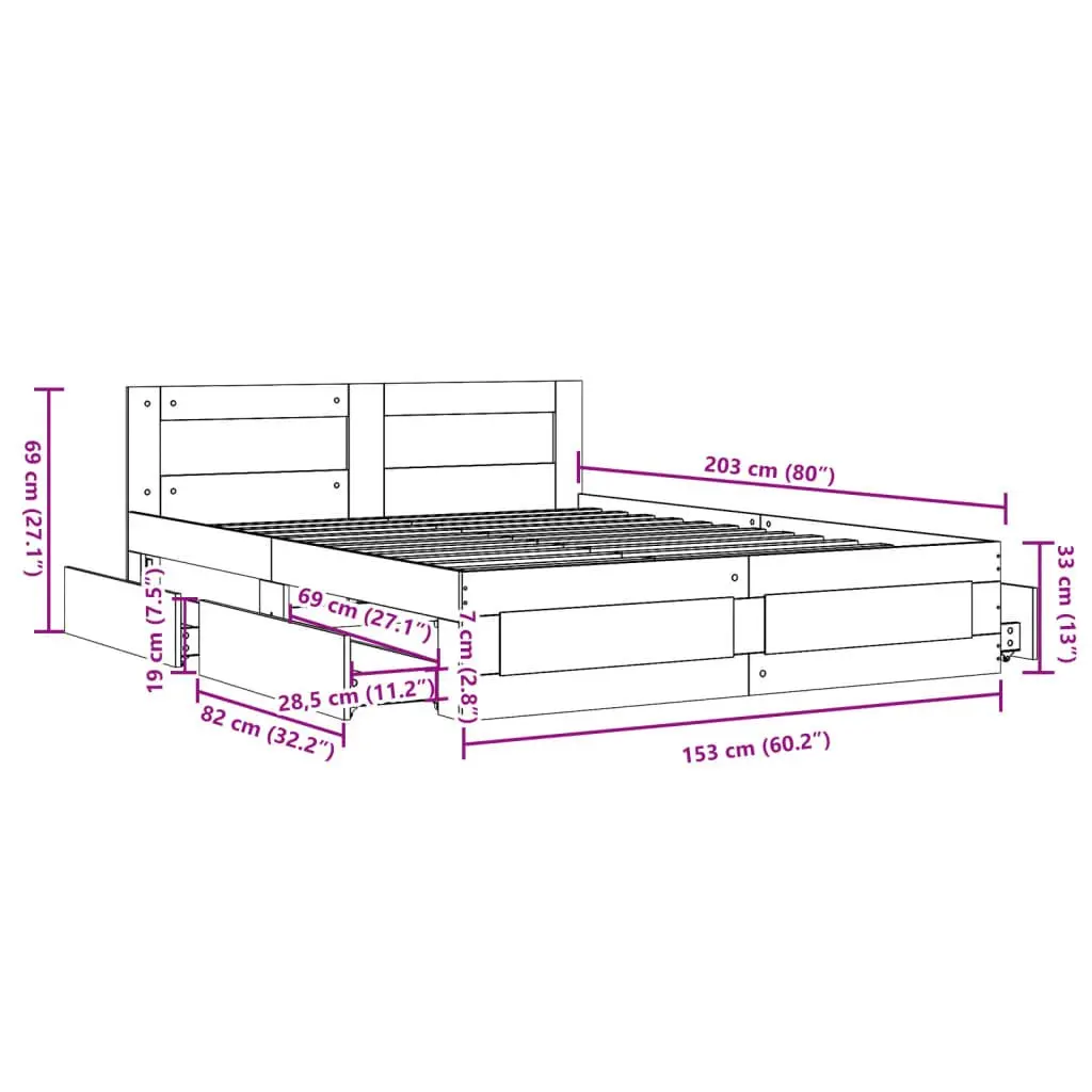 Bed Frame with Headboard Sonoma Oak 150x200 cm Slatted Base with Storage Drawers