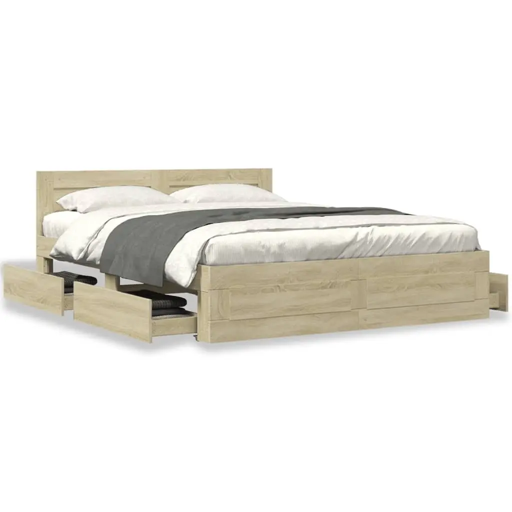 Bed Frame with Headboard Sonoma Oak 150x200 cm Slatted Base with Storage Drawers