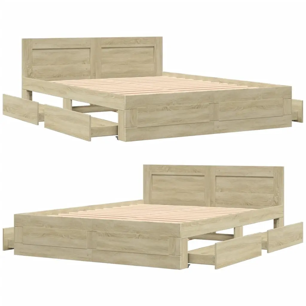 Bed Frame with Headboard Sonoma Oak 150x200 cm Slatted Base with Storage Drawers