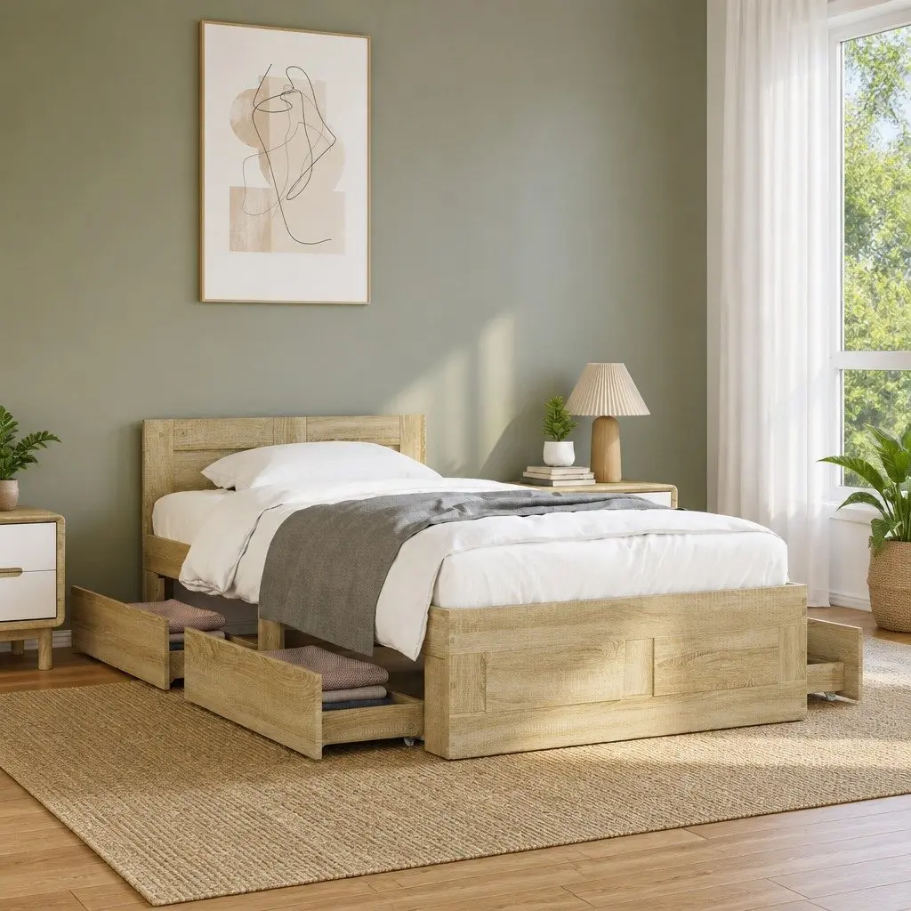 Bed Frame with Headboard Slatted Base Storage Drawers Brown 90 x 190 cm