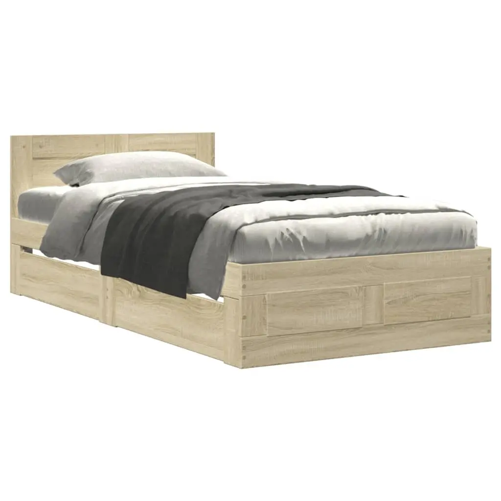Bed Frame with Headboard Slatted Base Storage Drawers Brown 90 x 190 cm